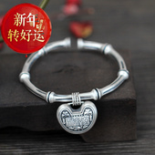 99纯银如意锁竹节手镯女节节高升手环民族复古风实心 新年转运