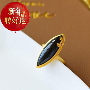 S925纯银天然和田玉18K金马眼戒指镶嵌秀美鎏金工艺 新年转运