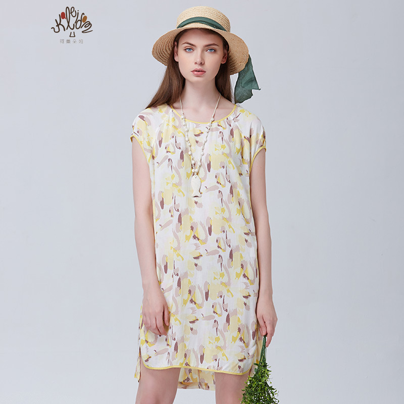珂蕾朵姆2018夏装新款宽松显瘦中长款雪纺印花连衣裙女装K2142L10
