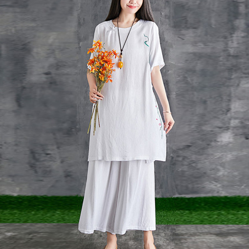 大码中国风女装短袖胖mm显瘦复古文艺棉麻休闲旗袍民族风两件套装