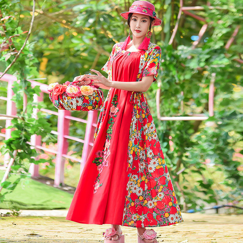 中国民族风女装连衣裙宽松大码遮肚子显瘦碎花色收腰大摆长裙夏季