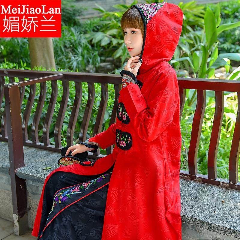 媚娇兰民族帽开衫风衣外套刺绣装秋装新款复古盘扣提花布中国风女