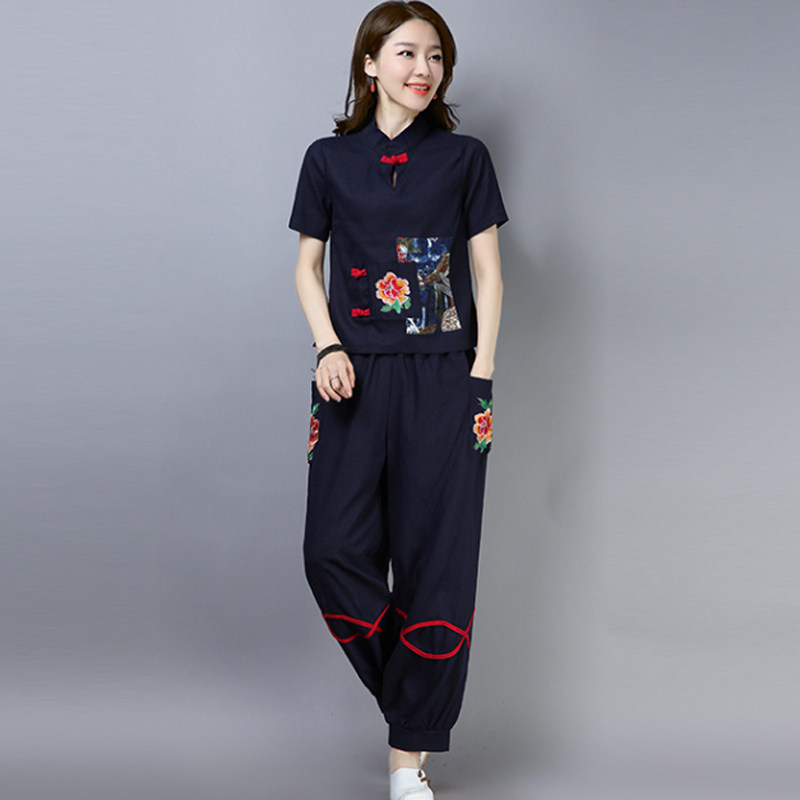 大码女装短袖民族风刺绣棉麻阔腿裤套装遮肚子时尚胖mm显瘦两件套