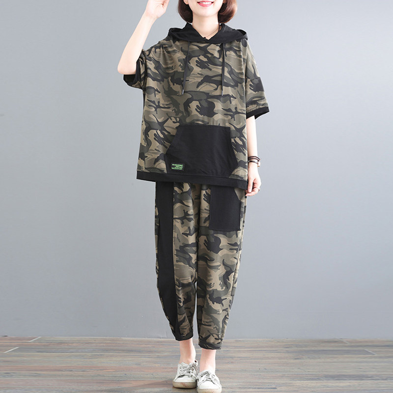 200斤大码女装夏季短袖韩版宽松两件套休闲洋气遮肚子胖妹妹套装