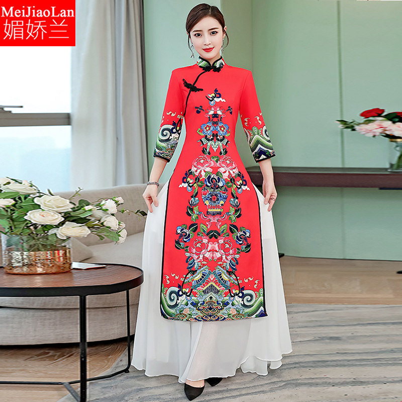 大码女装微胖mm连衣裙中国风遮肚子春夏装妈妈显瘦减龄旗袍演出服