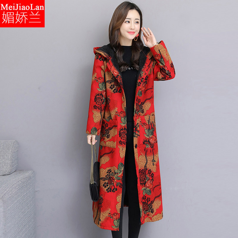 大码女装碎花色民族风棉衣女加绒加厚遮肚子减龄妈妈胖mm冬季外套