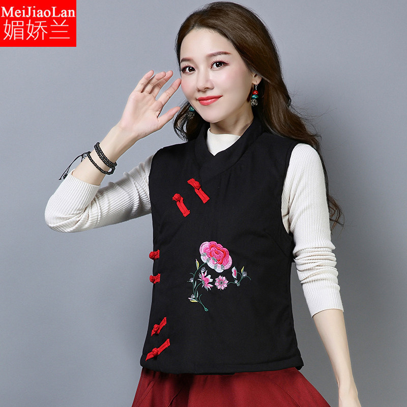 民族风外套女秋冬短款棉衣马甲背心无袖大码夹棉袄复古保暖中国风