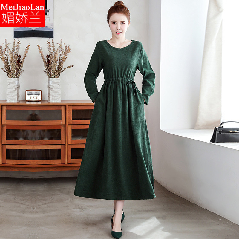 200斤胖mm连衣裙中长款长袖春秋冬新款大码女装棉麻民族风打底裙