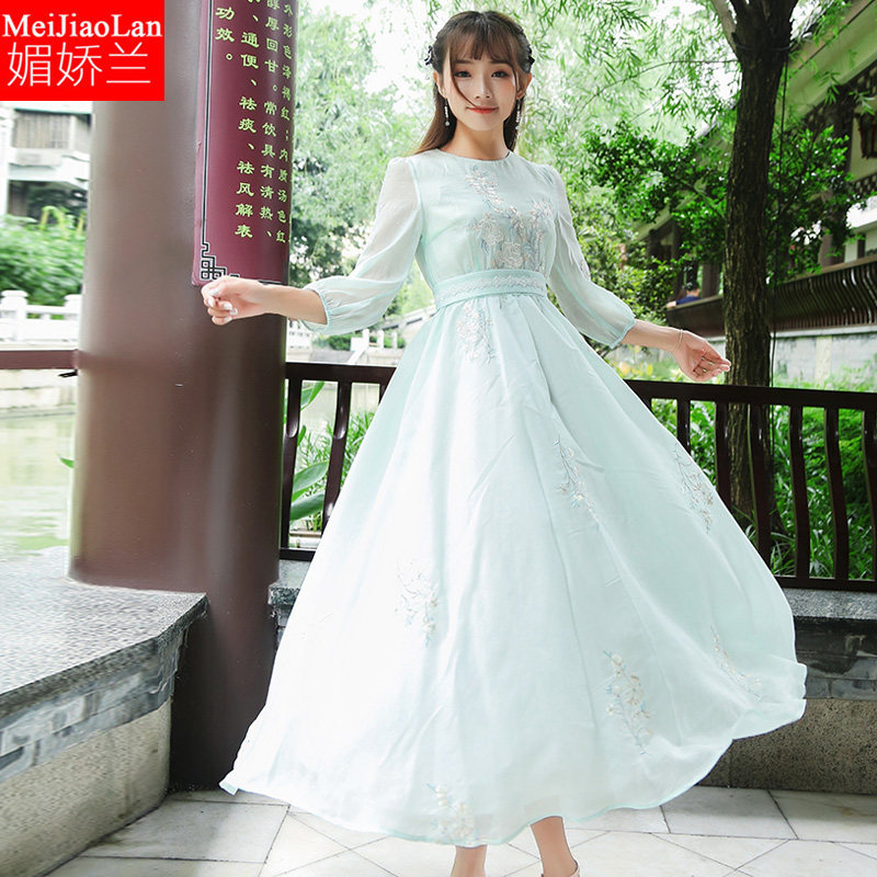 春夏女装复古刺绣花长裙七分袖收腰修身连衣裙少女仙女裙显瘦长款