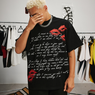 宽松休闲文字印花纯棉圆领短袖 潮唇印美式 T恤 2025SS夏季 Eusoueu