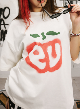 EU/EUSOUEU 2025SS樱桃水果像素夏季情侣宽松休闲上衣圆领短袖T恤