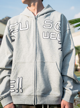 Eusoueu秋季「太极系列」发泡印花重磅拉链连帽开衫廓形短款卫衣