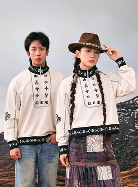 EU/EUSOUEU秋冬立领开胸套头运动民族刺绣翻领短款健身半拉链卫衣