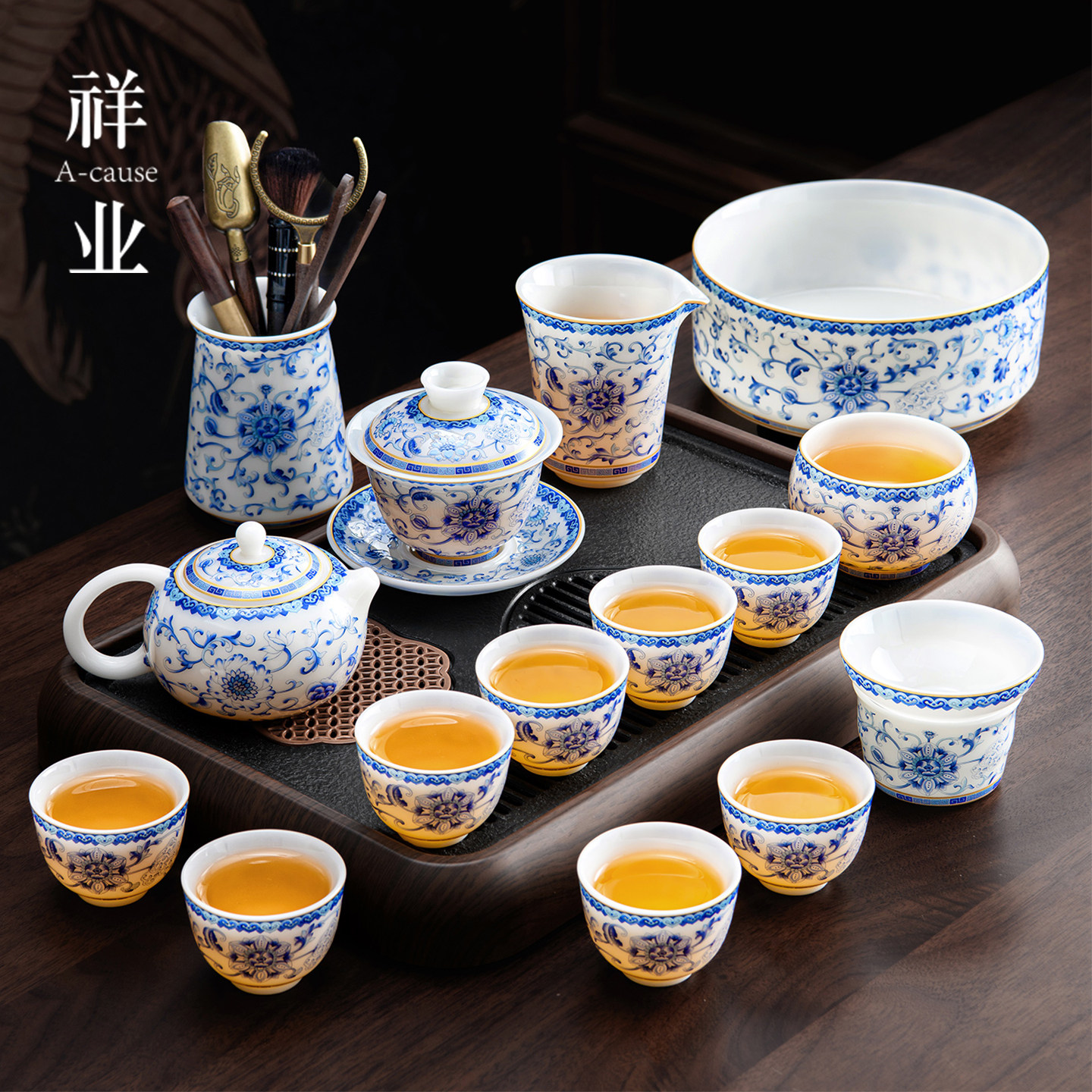 青花璞玉冰种玉瓷茶具套装轻奢高档功夫盖碗茶杯2026新款家用泡茶