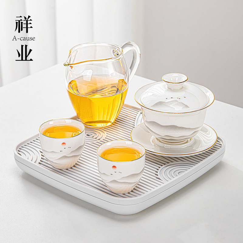 羊脂玉白瓷茶具小套装宿舍年轻人现代简约女士功夫喝泡茶盖碗茶杯