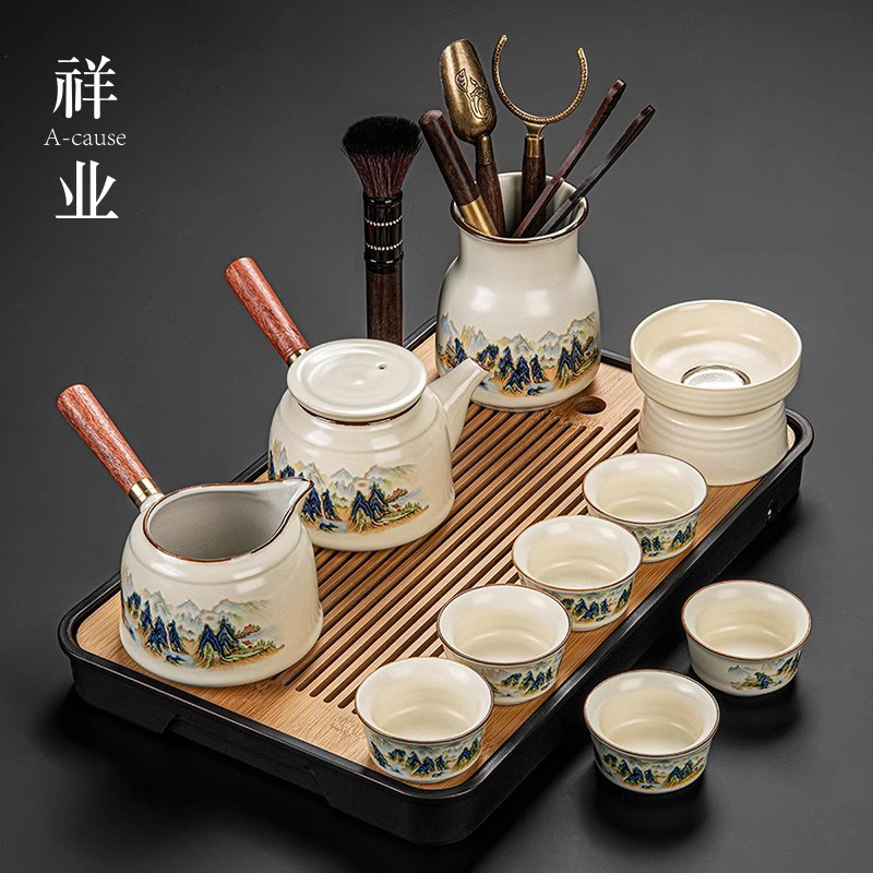 汝窑功夫茶具套组家用轻奢高档陶瓷中式防烫泡茶壶2025新款侧把壶