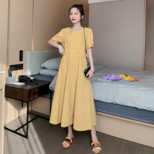 孕妇装夏天裙子2020新款大码宽松方领系带孕妇夏装连衣裙过膝长裙