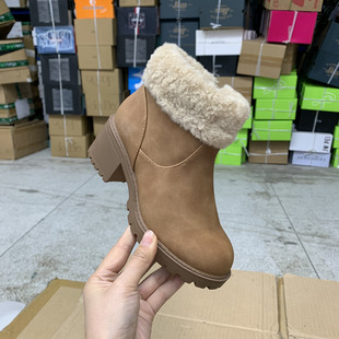 外贸原单粗跟短靴简约时尚新款童鞋圆头加绒保暖气质女靴子百搭