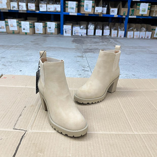 短靴 圆头纯色粗高跟防水台套筒时装 Lady Shoes外贸原单女靴新款