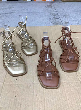 时尚百搭方头粗跟平底凉鞋罗马鞋