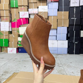 外贸原单女靴新款 时尚 休闲百搭圆头纯色厚底坡跟侧拉链短靴及踝靴