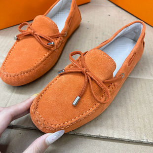 外贸原单女鞋里外全真皮反毛牛皮时尚蝴蝶结内里猪皮平底豆豆鞋