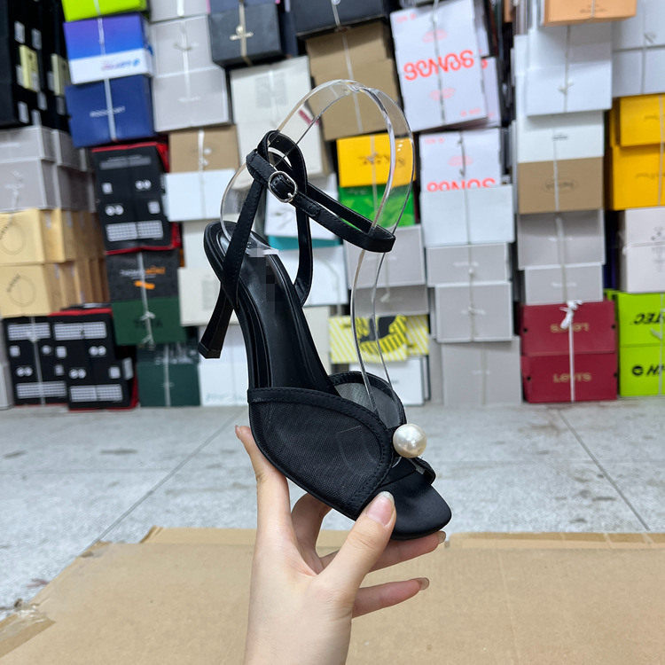 Lady Shoes外贸原单女鞋新款时尚气质方头纯色网面珍珠细高跟凉鞋