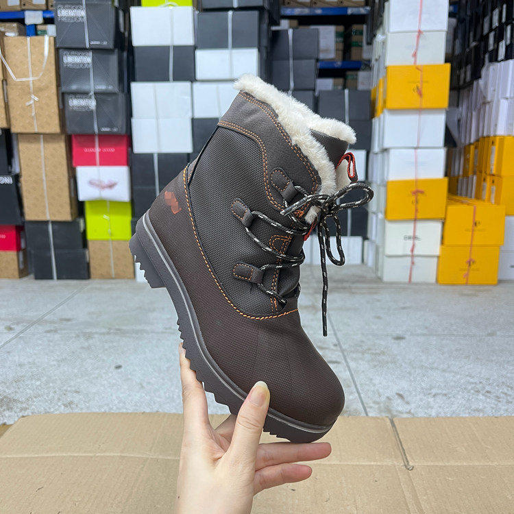 外贸原单女靴微瑕清仓新款圆头纯色粗底跟加绒保暖系带时装短靴