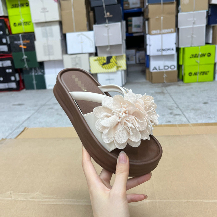 Lady Shoes外贸原单女鞋微瑕时尚圆头纯色厚底花朵甜美拖鞋凉鞋