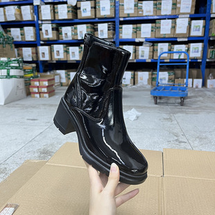 外贸原单英伦切尔西时尚圆头粗跟侧拉链高跟短靴内里带毛马丁靴