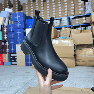 Lady Shoes外贸原单女靴里外全真皮新款时尚圆头纯色厚底套筒短靴