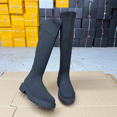 Lady 圆头纯色粗跟针织面长靴瘦瘦靴 时尚 Shoes 外贸原单女靴新款