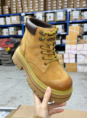 圆头厚底粗跟系带工装短靴马丁靴