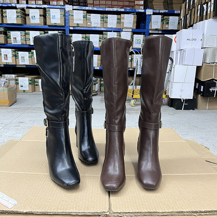 外贸原单欧美时尚显瘦侧拉链皮带方头粗跟高跟高长靴高筒靴骑士靴