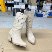 Lady 中筒靴 尖头纯色粗跟镂空复古时装 Shoes外贸原单女靴新款 时尚