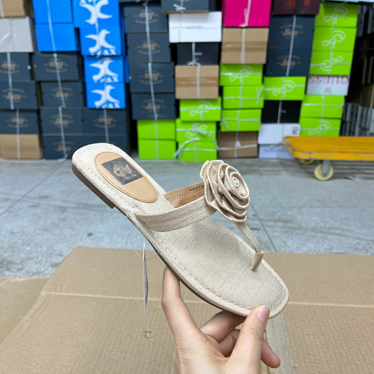 外贸原单工厂鞋时尚shoes方头纯色平底花朵夹趾平底拖鞋清仓凉鞋