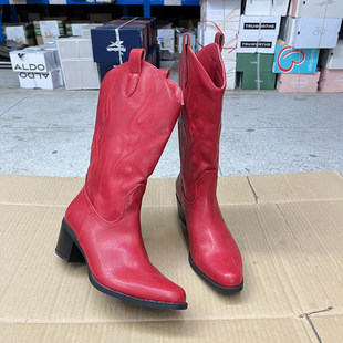 尖头纯色粗跟西部套筒时装 中筒靴 Shoes外贸原单女靴微瑕时尚 Lady