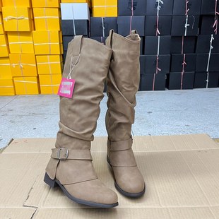 圆头低跟皮带扣侧拉链长靴堆堆靴 外贸原单女靴新款 Lady Shoes