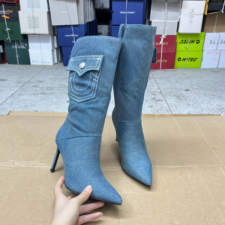 尖头纯色细高跟侧拉链时装中筒靴