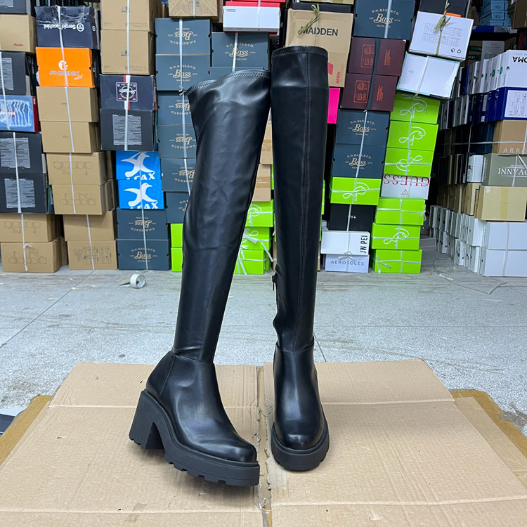 圆头纯色厚底粗高跟长筒靴过膝靴