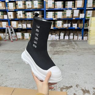 Lady 垫真皮圆头厚底针织套筒袜靴瘦瘦短靴 Shoes外贸原单女靴鞋