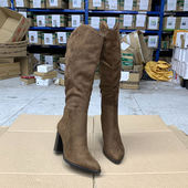 尖头粗跟高筒绒面侧拉链时尚 外贸原单女鞋 新款 百搭舒适V口长筒靴