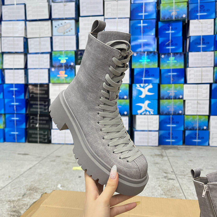 外贸原单女靴时尚圆头厚底粗跟系带侧拉链时装短靴骑士靴工装靴