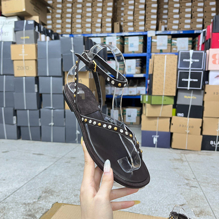 外贸原单女鞋真皮时尚shoes新款圆头纯色夹趾带钻串珠平底凉鞋