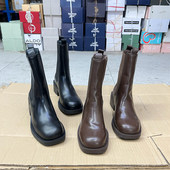 新款 Lady Shoes外贸原单粗跟烟筒靴简约时尚 休闲百搭一脚蹬短靴