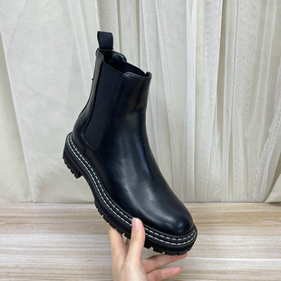 舒适百搭一脚蹬 新款 Lady Shoes外贸原单圆头厚底粗跟短靴简约时尚