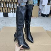 外贸原单尖头细跟长筒显瘦直筒靴时尚 百搭纯色日常款 侧边拉链超A