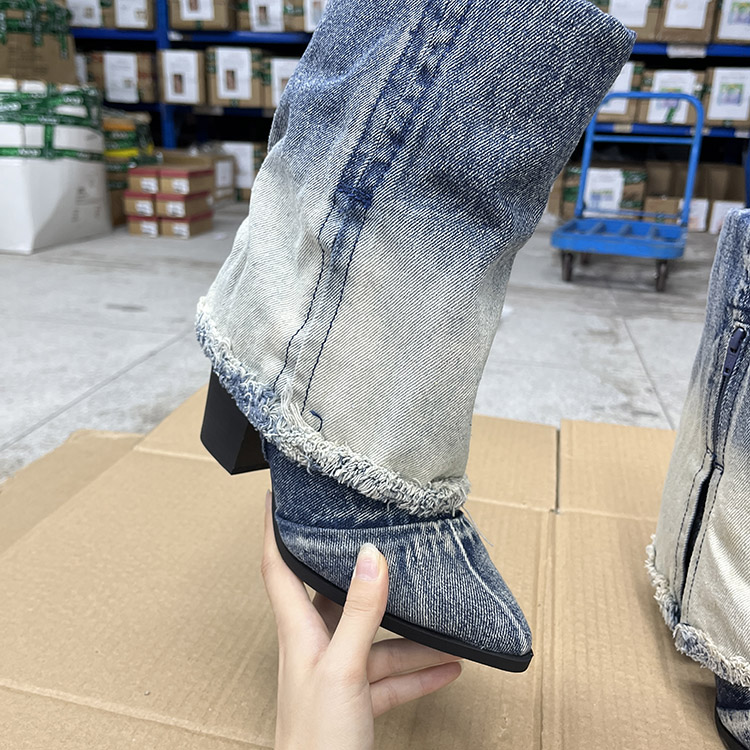 外贸原单新款时尚辣妹尖头粗跟高跟西部牛仔擦色裤管靴短靴女靴