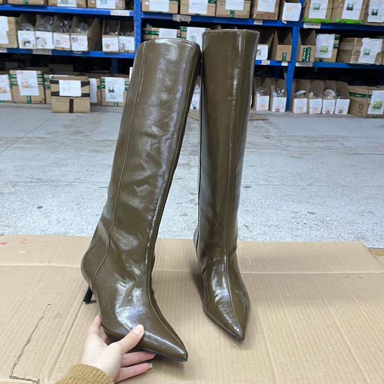 Lady Shoes外贸原单女靴微瑕时尚气质尖头纯色细跟宽筒套筒长筒靴