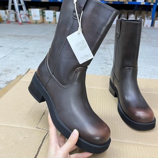 舒适百搭一脚蹬 新款 Lady Shoes外贸原单圆头粗跟中筒靴简约时尚